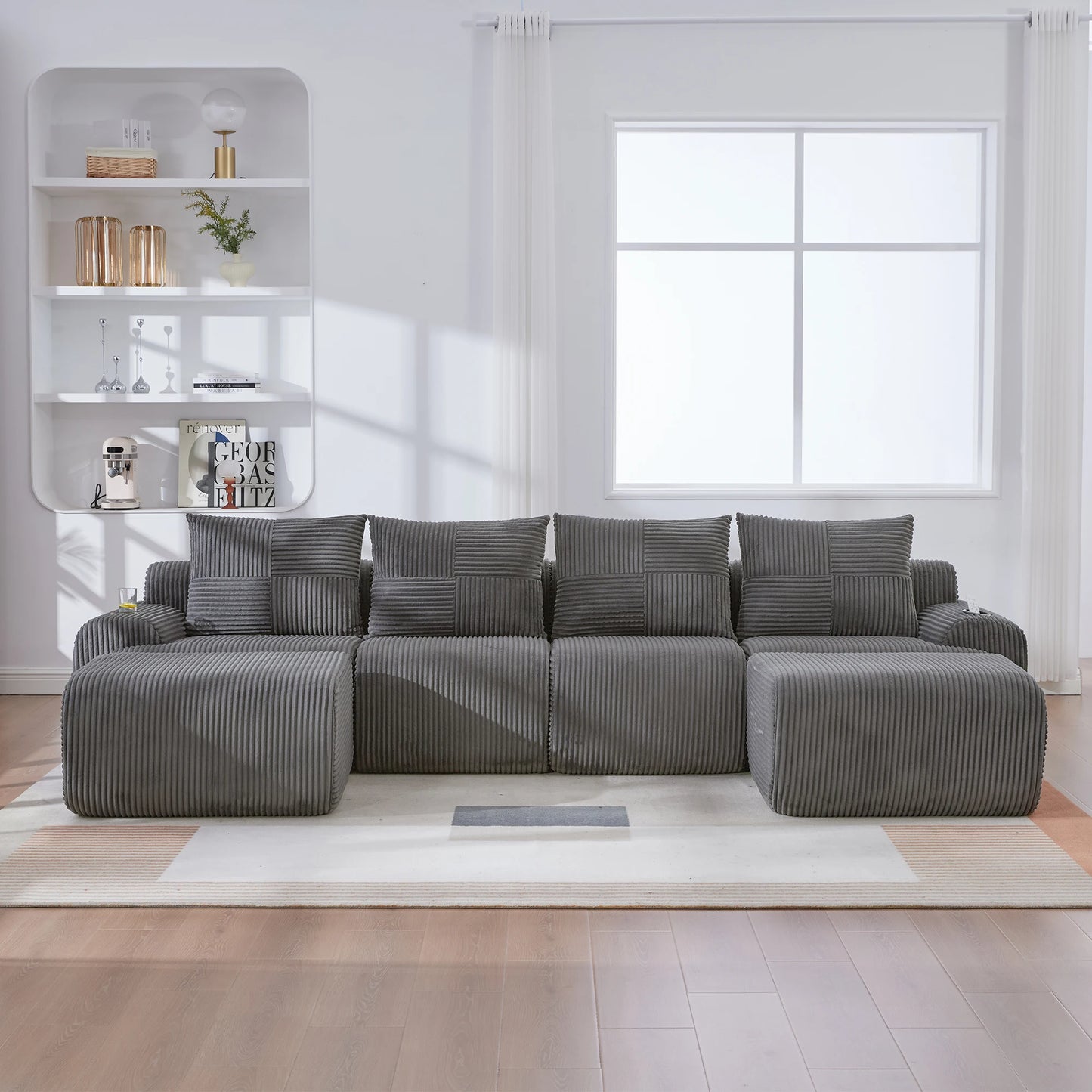 Canapé modulable velours côtelé gris foncé 4 places grand salon — Modulora