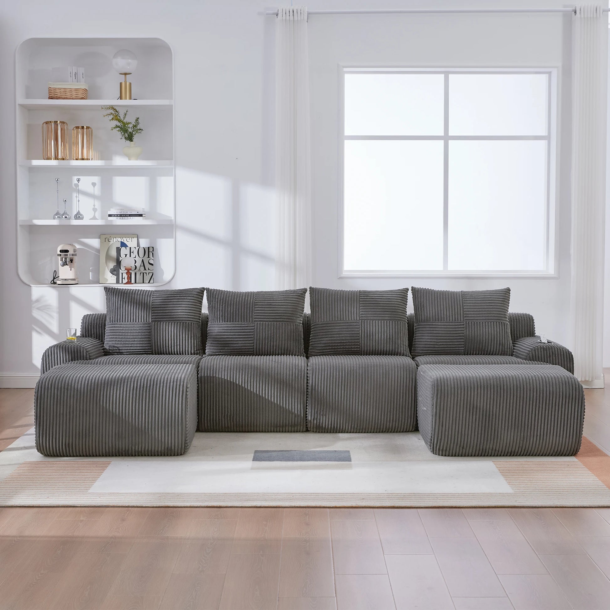 Canapé modulable velours côtelé gris foncé 4 places grand salon — Modulora