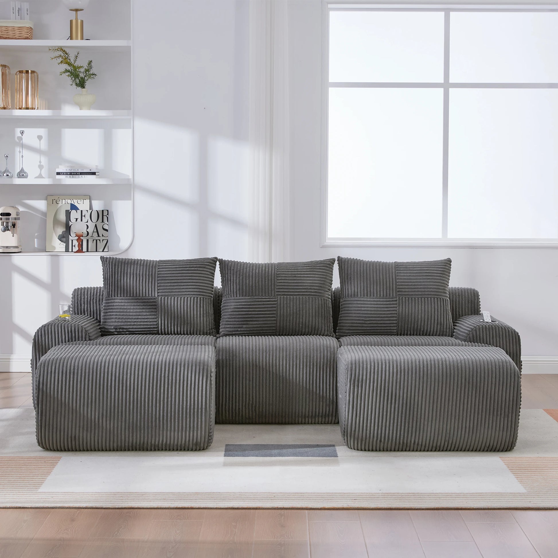 Canapé modulable velours côtelé gris foncé 3 places avec double méridienne — Modulora