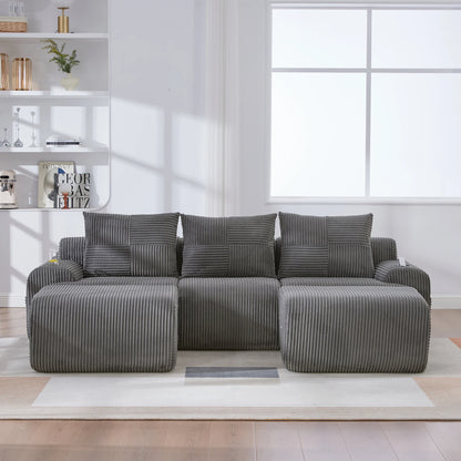 Canapé modulable velours côtelé gris foncé 3 places avec double méridienne — Modulora