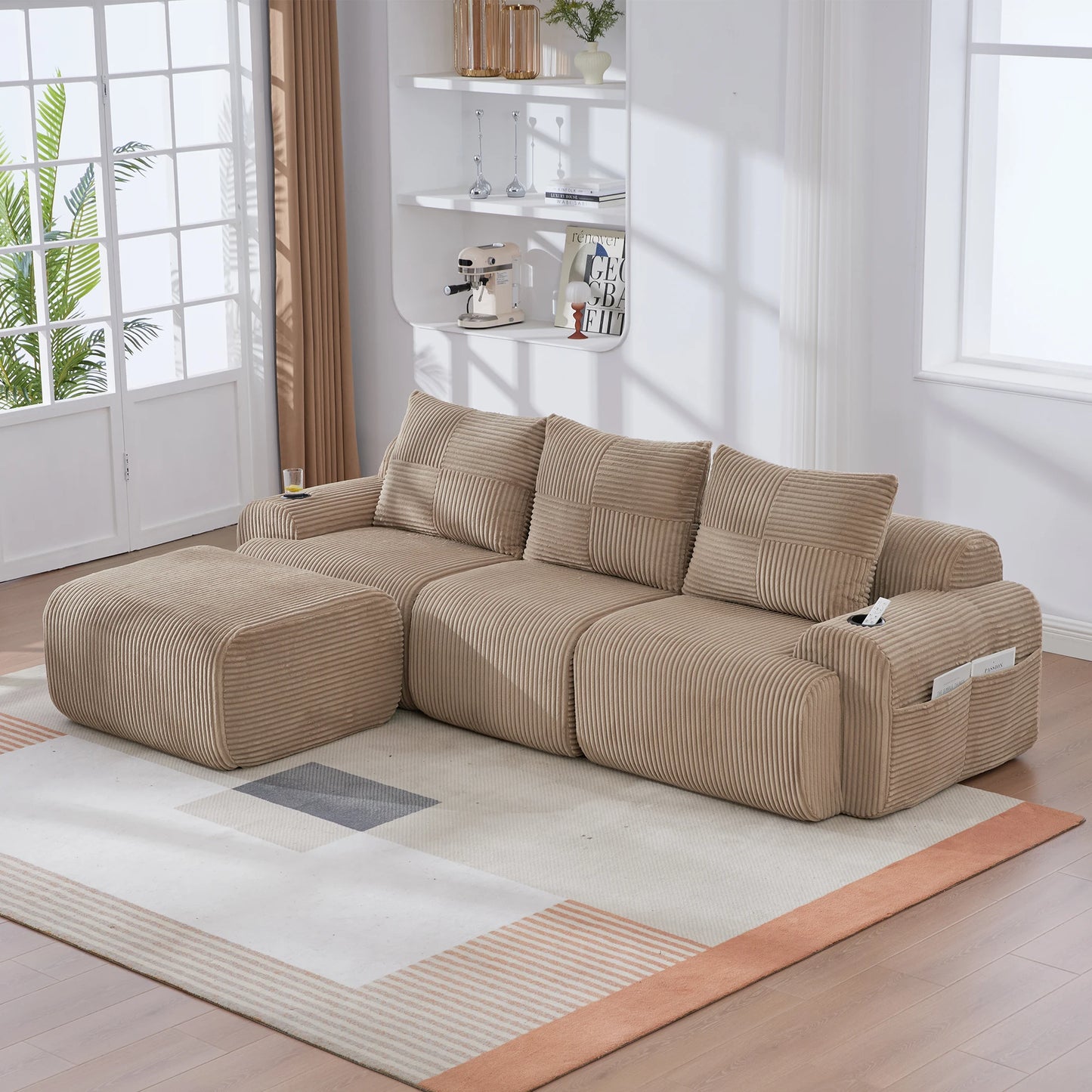 Canapé modulable velours côtelé marron 3 places méridienne vue côté — Modulora