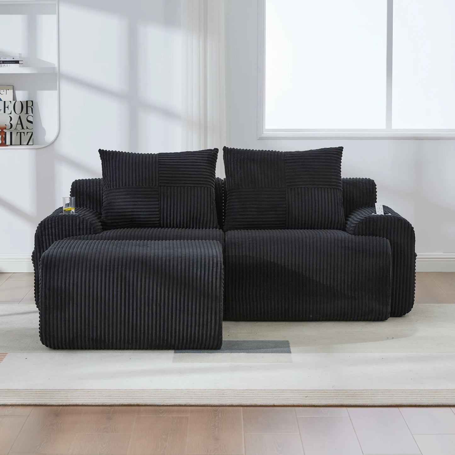 Canapé modulable velours côtelé noir  avec méridienne — Modulora