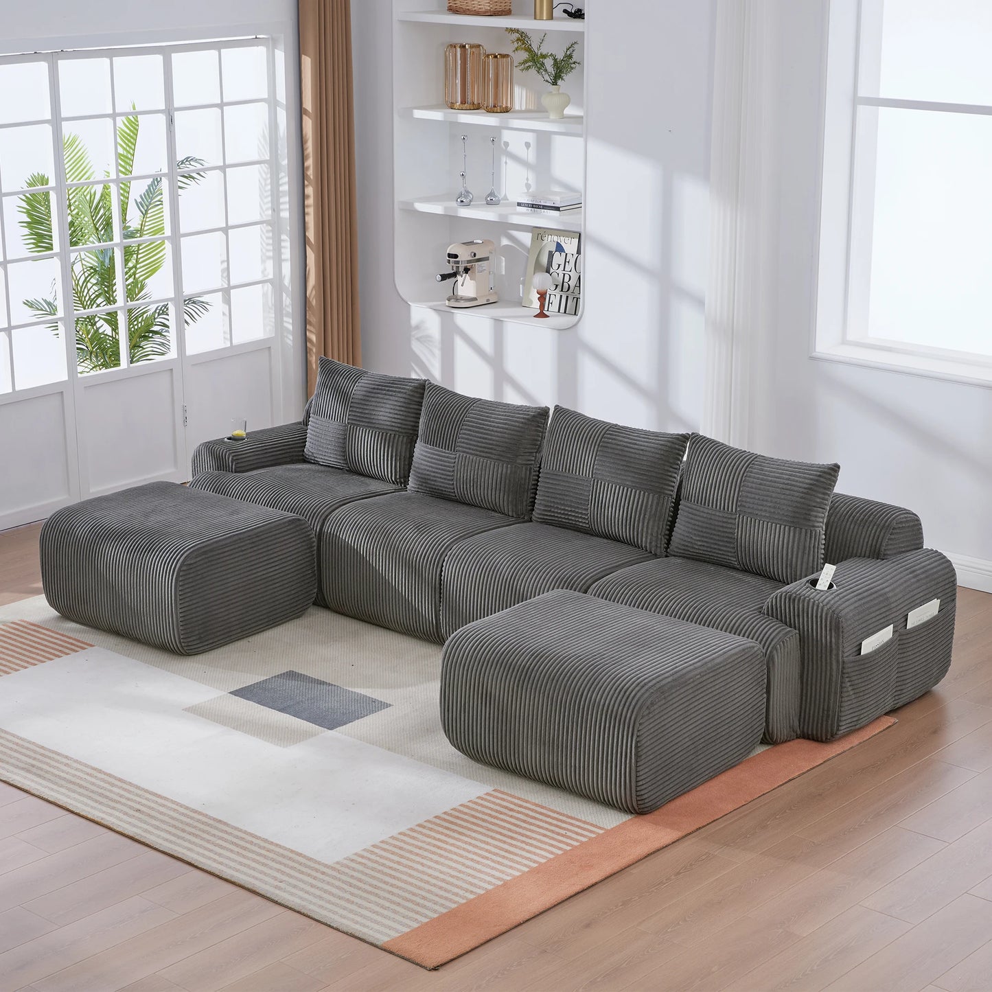 Canapé modulable velours côtelé gris foncé 4 places grand salon — Modulora