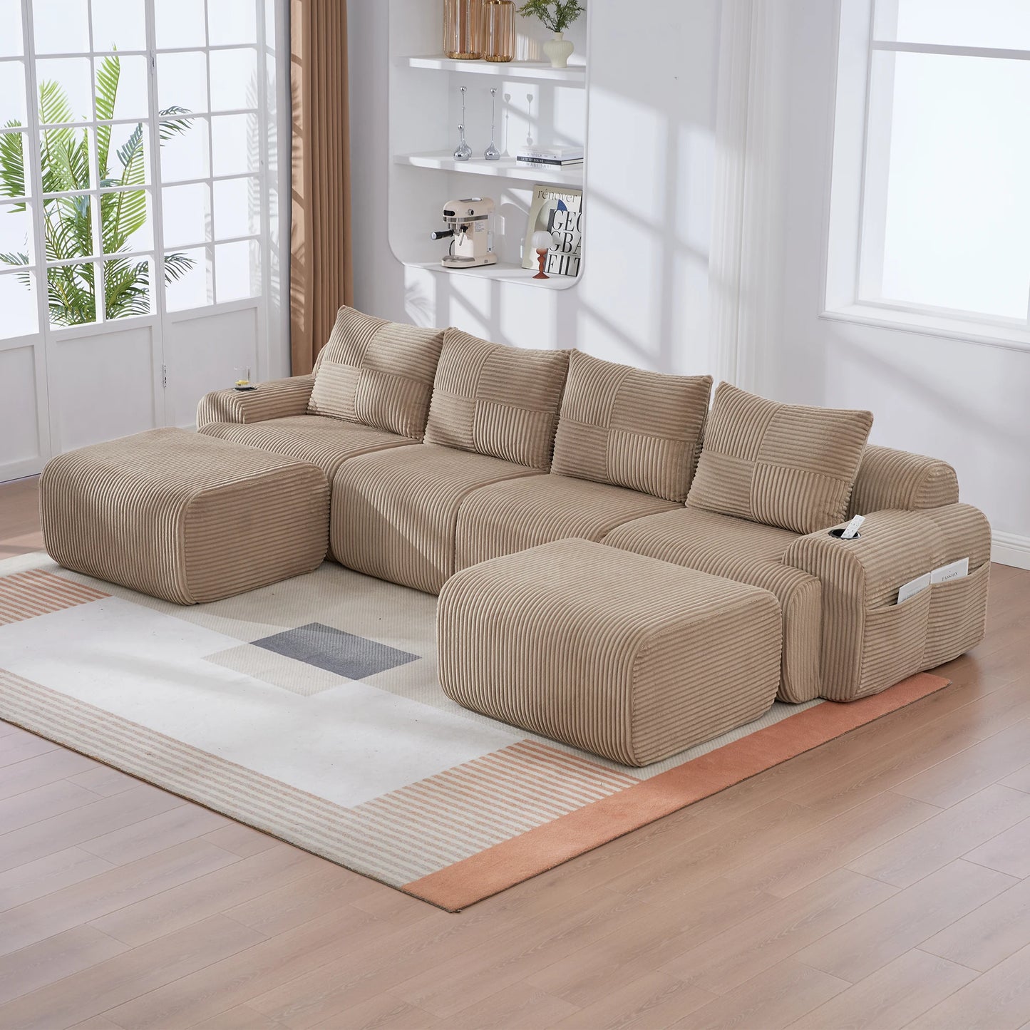 Canapé modulable velours côtelé marron 4 places grand salon vue côté — Modulora