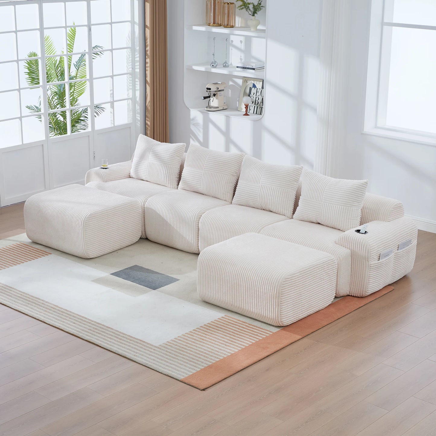 Canapé modulable velours côtelé blanc 4 places grand salon — Modulora