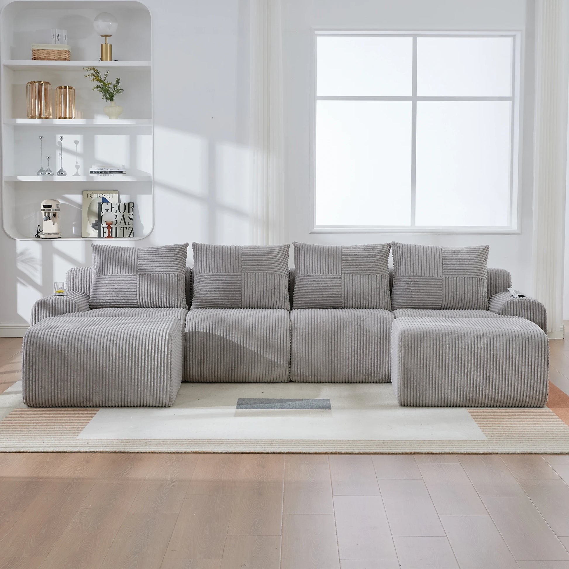 Canapé modulable velours côtelé gris clair 4 places grand salon — Modulora