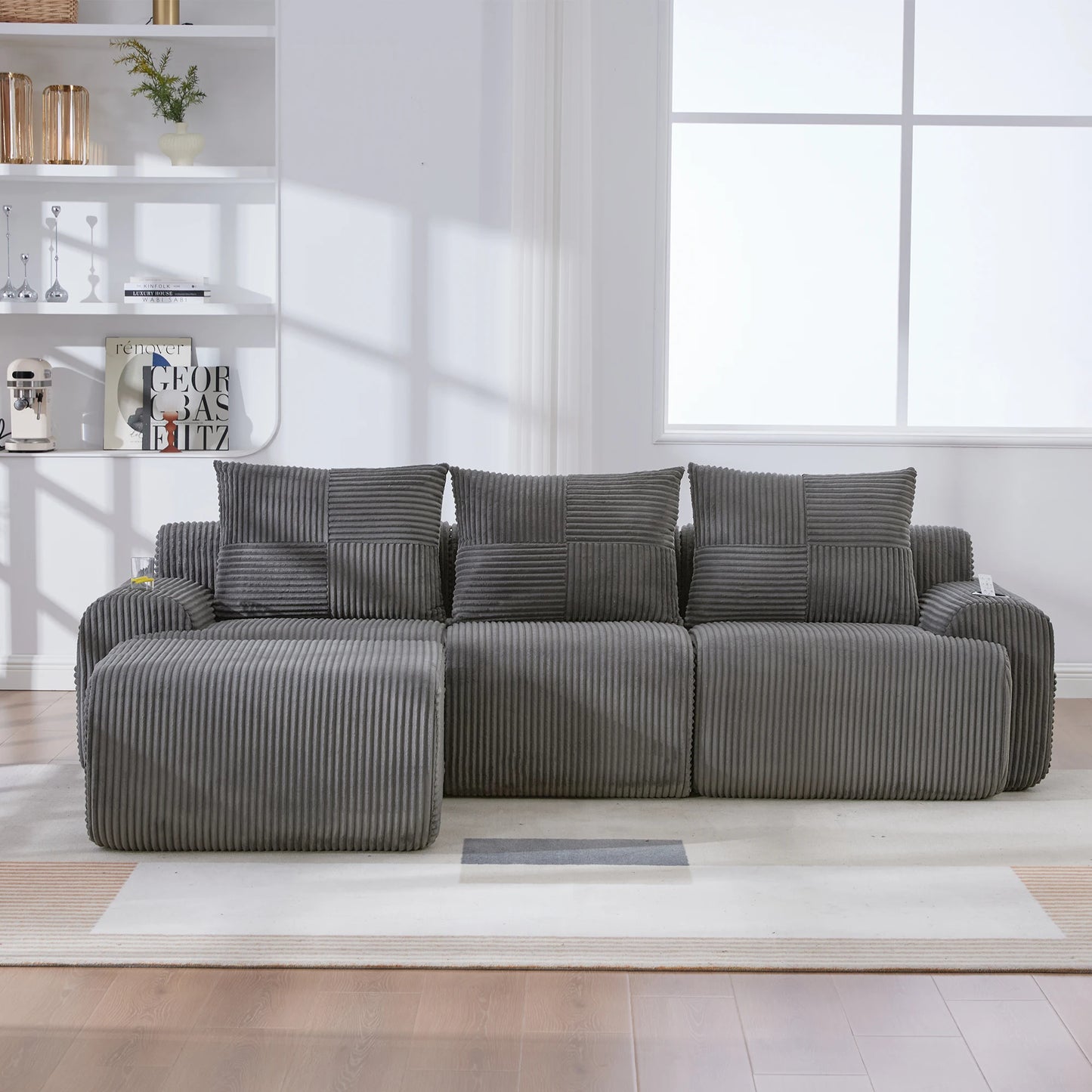 Canapé modulable velours côtelé gris foncé 3 places méridienne — Modulora