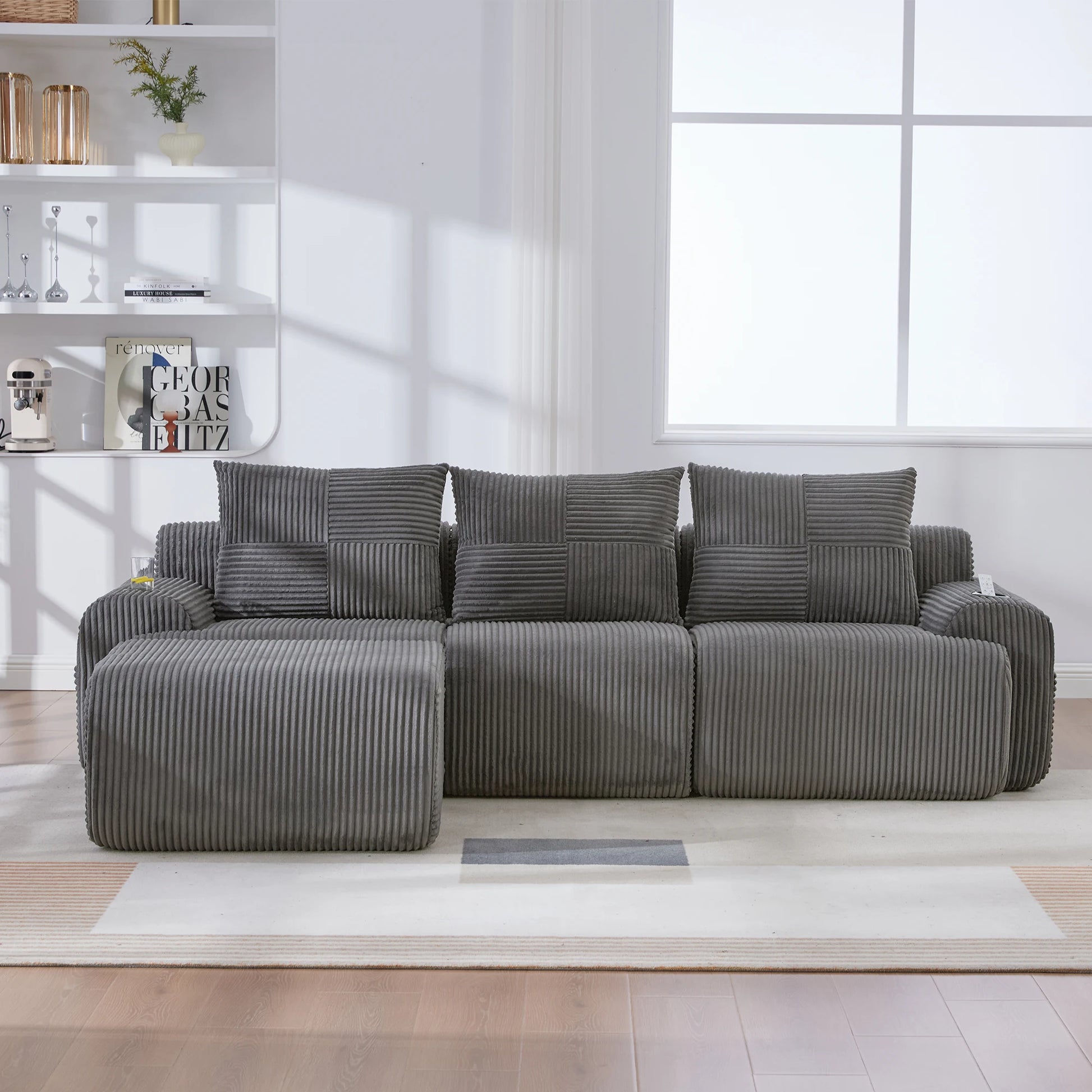 Canapé modulable velours côtelé gris foncé 3 places méridienne — Modulora