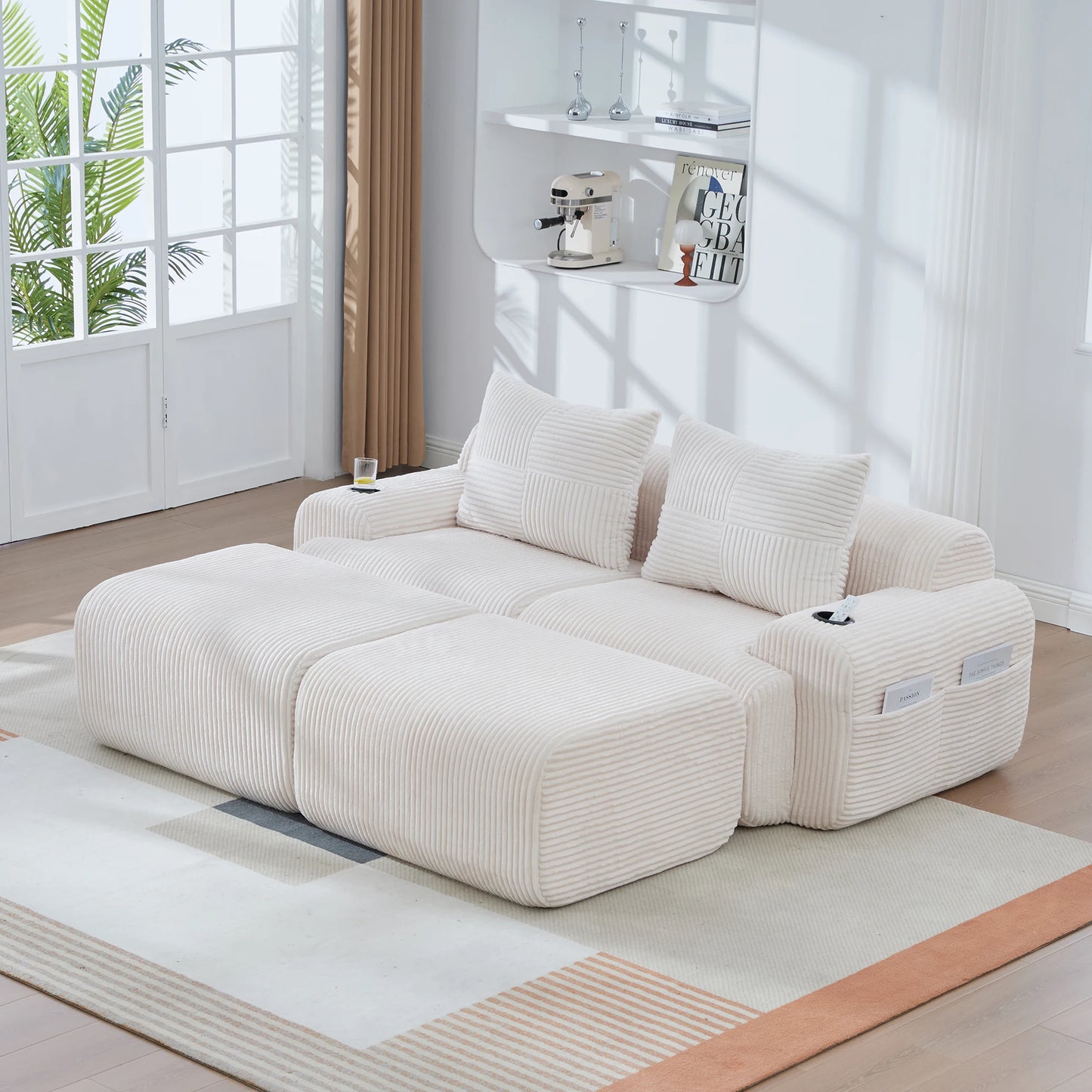 Canapé modulable velours côtelé blanc méridienne vue côté — Modulora